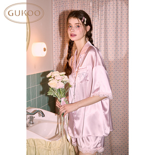Gukoo 果壳睡衣女夏款 简约蝴蝶结冰丝质感短袖 家居服套装