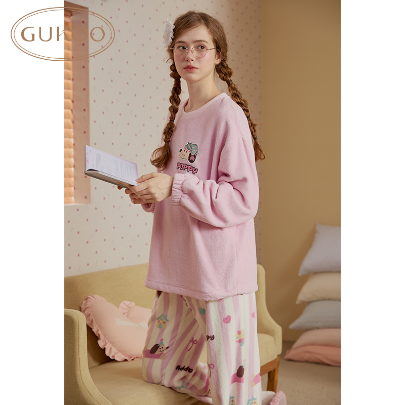 Gukoo/果壳睡衣女秋冬款轰轰小狗保暖情侣家居服套装