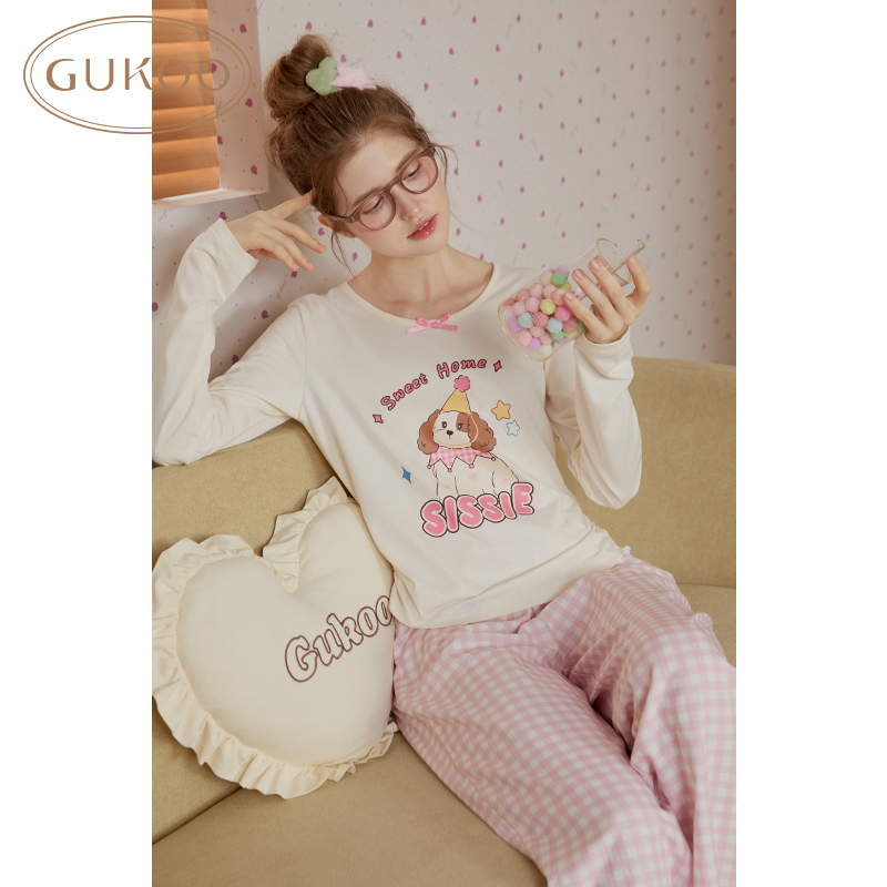 Gukoo/果壳睡衣女春秋款小狗系列纯棉修身长袖家居服套装