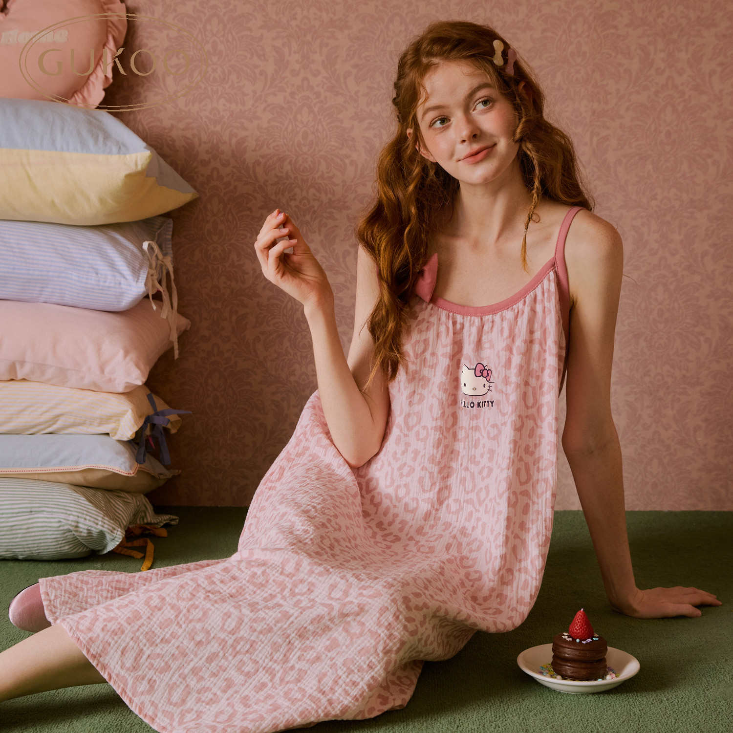 Gukoo/果壳睡衣女夏吊带连衣裙HelloKitty豹纹双层纱纯棉居家睡裙