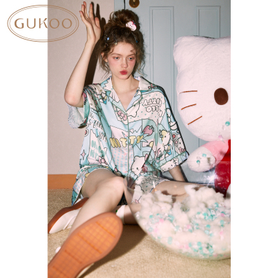Gukoo/果壳睡衣女夏季HelloKitty联名新款甜美女士家居冰丝套装