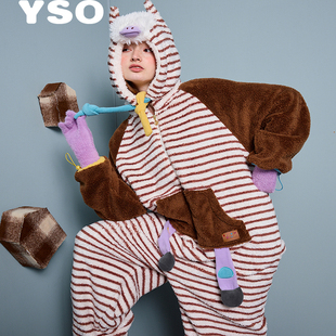 yso睡衣女冬款酷猫系列加厚加绒条纹连体可外穿家居服