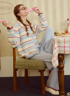 Gukoo/果壳睡衣女冬款雪尼尔半边绒条纹加厚保暖家居服套装