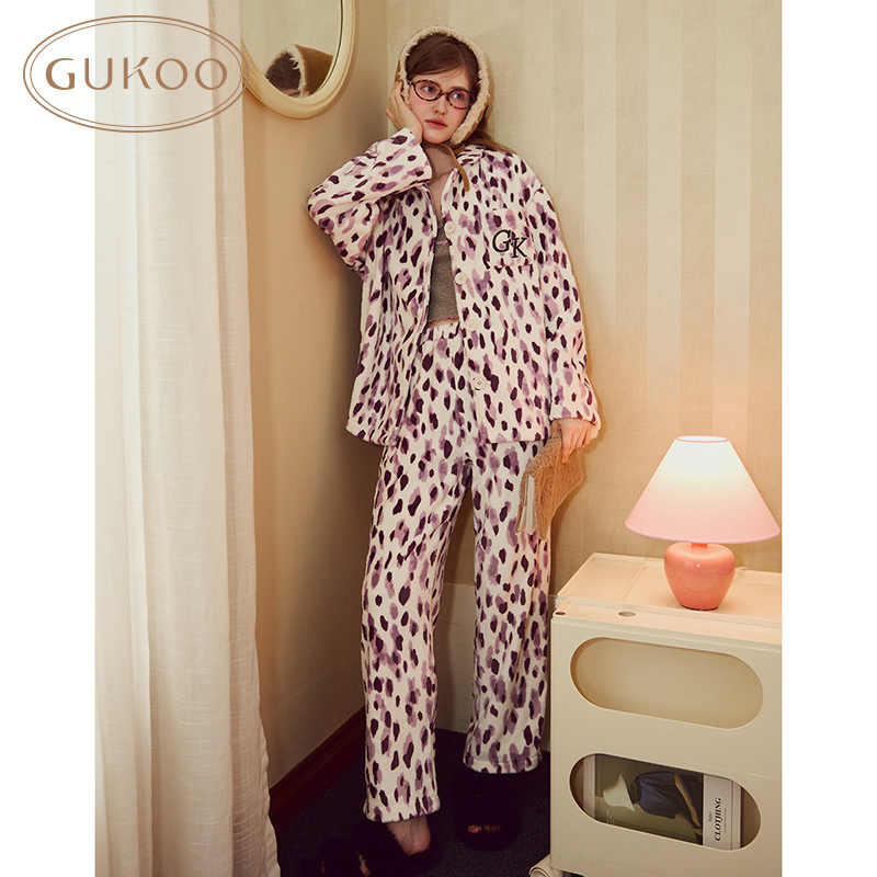Gukoo/果壳睡衣女冬款加绒满印珊瑚绒可外穿家居服套装
