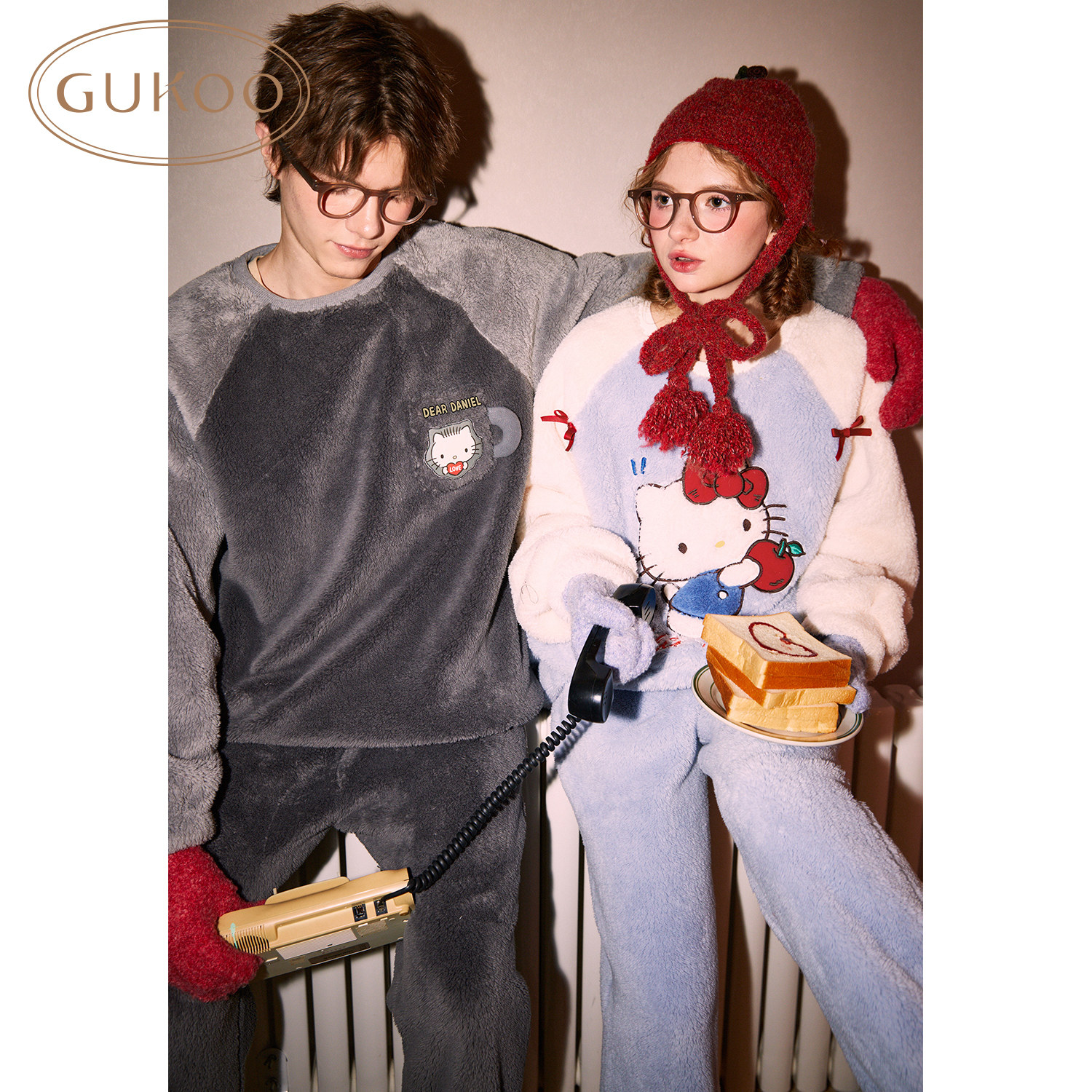 Gukoo/果壳睡衣情侣冬季HelloKitty联名家居服套头套装女