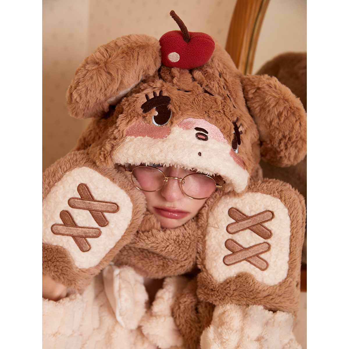 果壳帽子女冬季毛绒mikko系列可爱帽子围巾手套一体三合一帽子