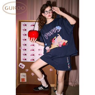 Gukoo 果壳睡衣女夏款 轰轰小狗系列纯棉短袖 家居服套装