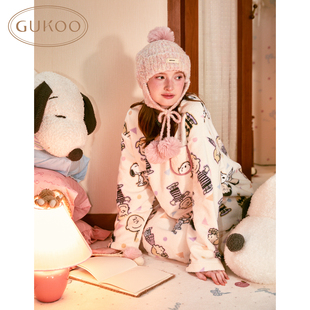 Gukoo 加绒史努比联名卡通满印家居服睡裙 果壳睡衣女冬款