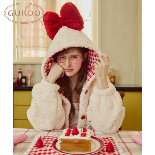 Gukoo/果壳睡衣女秋冬加绒加厚保暖连帽蝴蝶结可外穿家居服睡袍