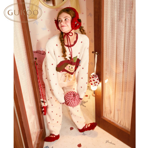 Gukoo/果壳睡衣女秋冬新款轰轰小狗半边绒保暖可外穿家居服套装