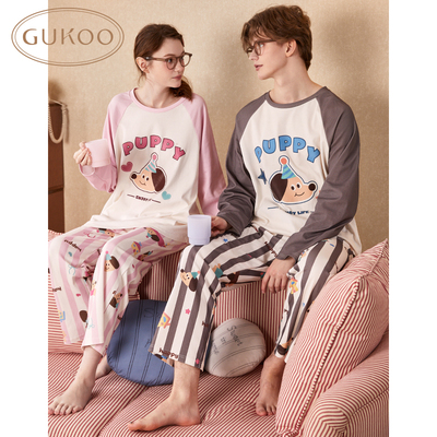 Gukoo/果壳睡衣女春秋款小狗系列条纹满印情侣家居服套装