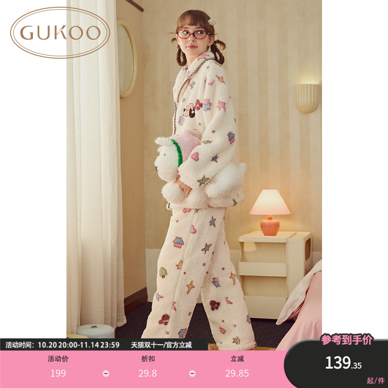 Gukoo/果壳睡衣女秋冬款轰轰小狗满印系列加绒保暖家居服套装