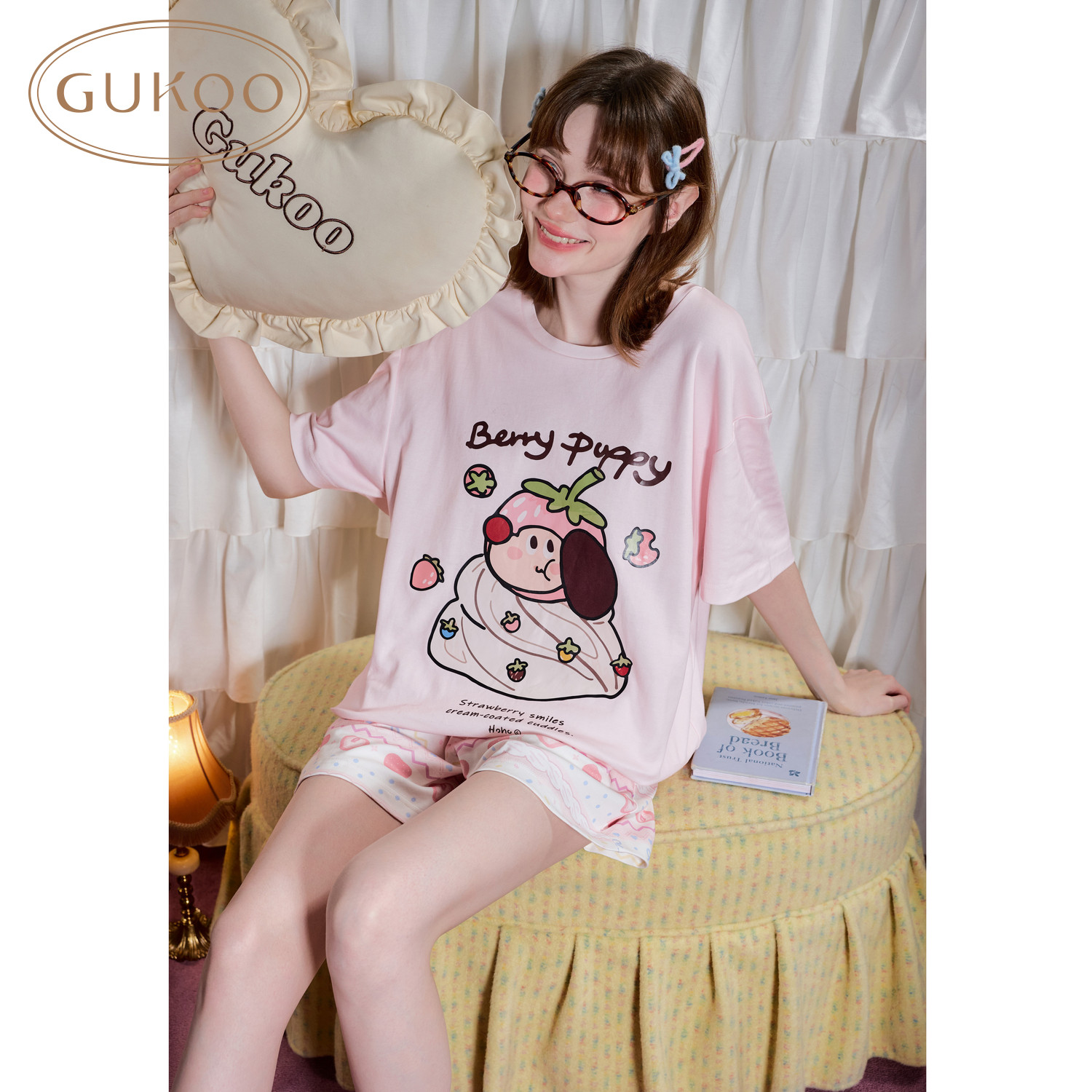 Gukoo/果壳睡衣女夏款轰轰小狗竖条纹卡通可爱居家服套装