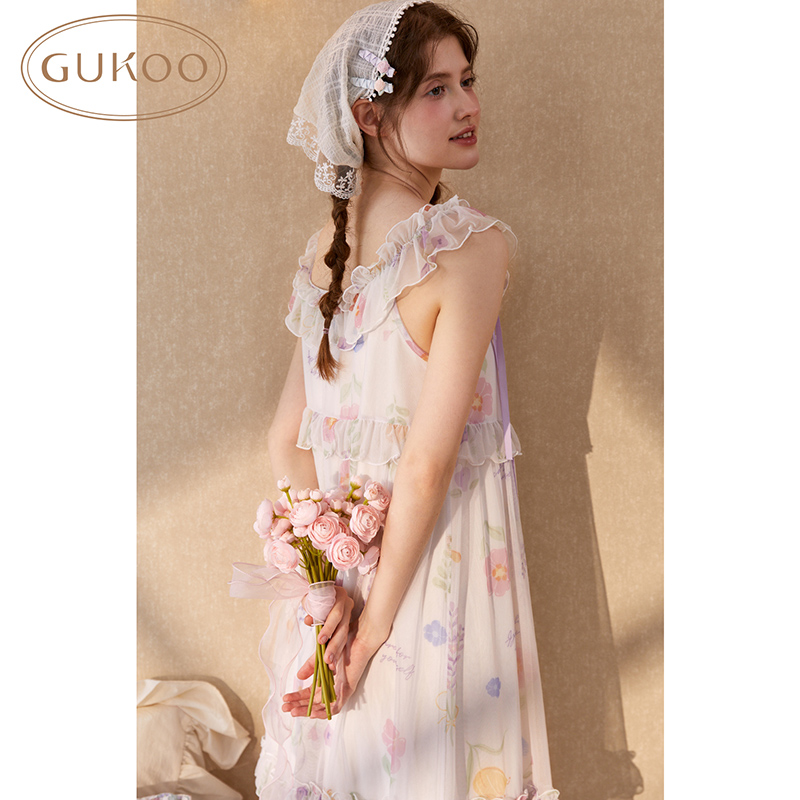 Gukoo/果壳睡衣女夏款碎花网纱花边吊带家居服睡裙