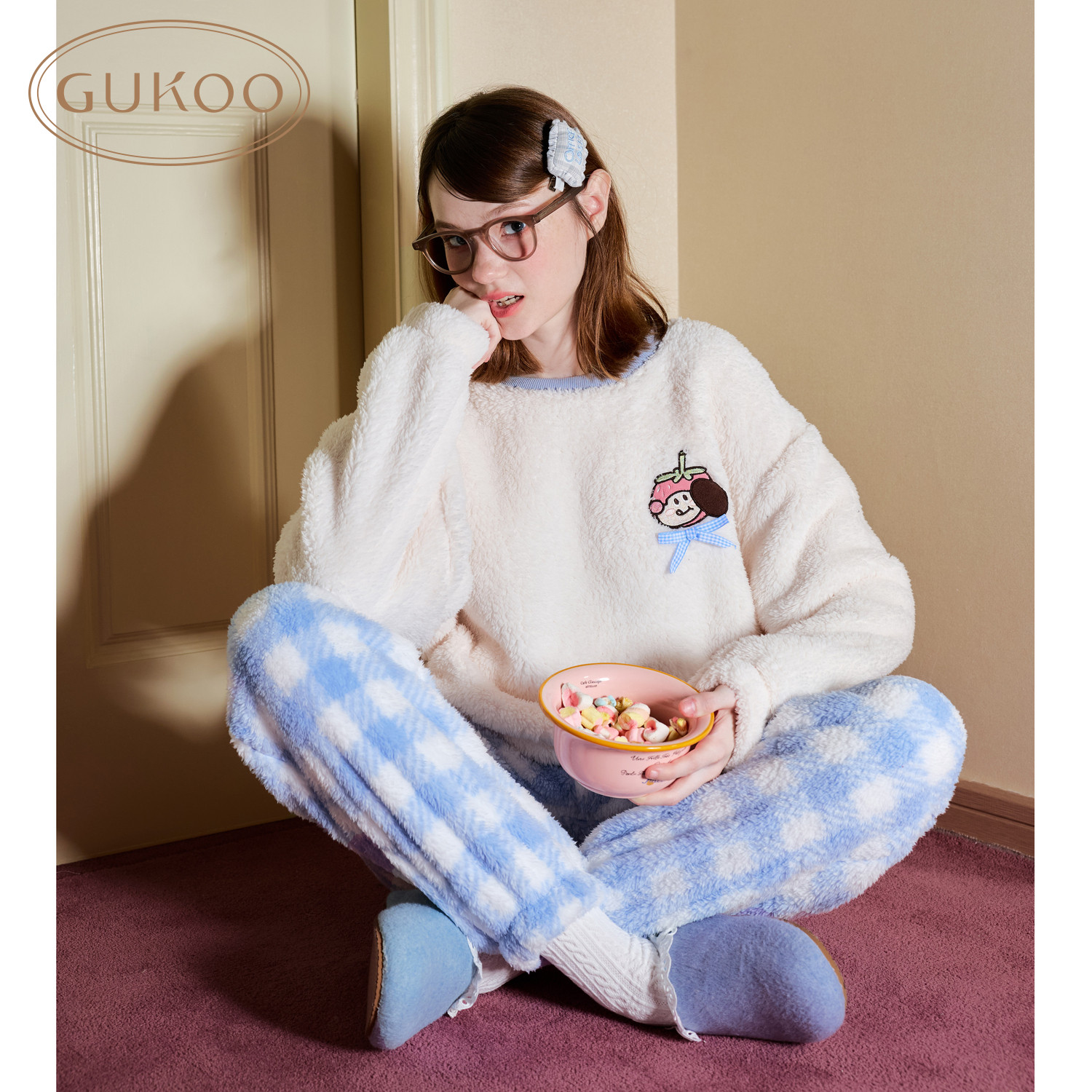 Gukoo/果壳睡衣女秋冬新品轰轰小狗甜美加绒保暖可外穿家居服套装