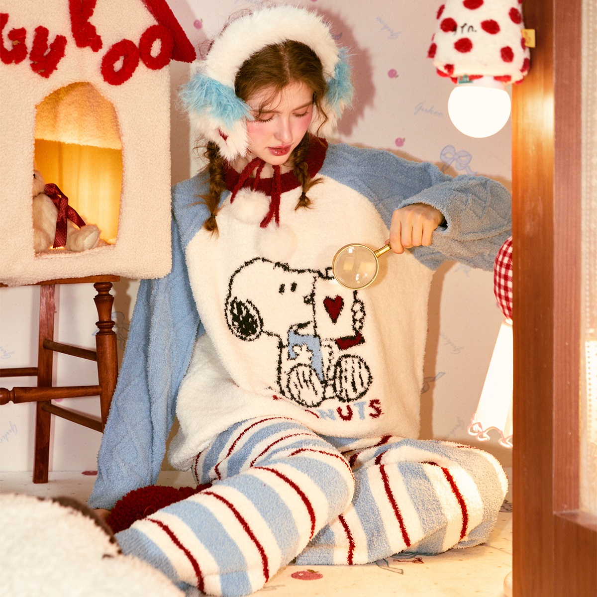 Gukoo/果壳睡衣女冬款史努比联名卡通条纹加绒家居服套装