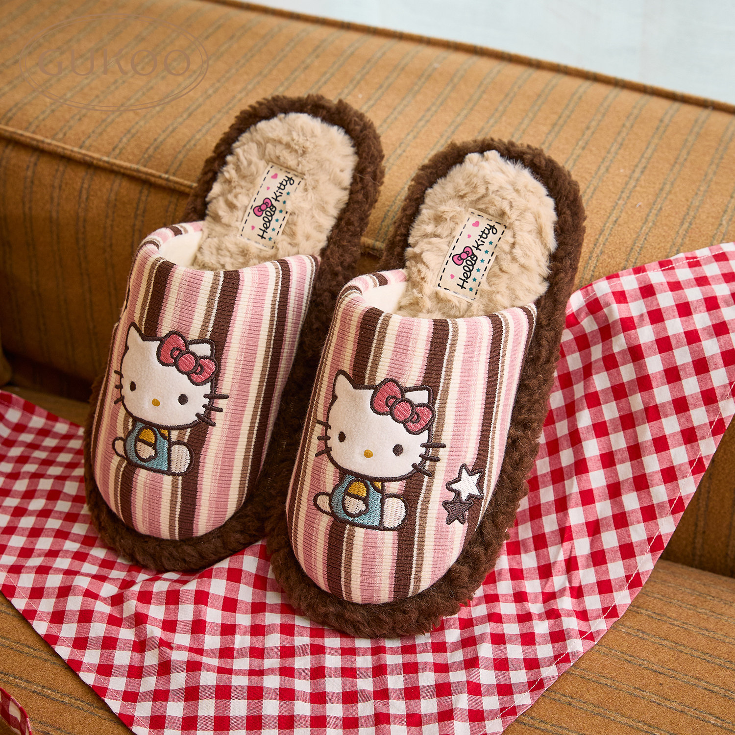 Gukoo/果壳棉拖鞋女士冬HelloKitty联名可爱少女保暖包头居家拖鞋