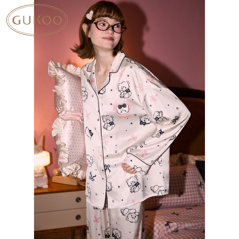 Gukoo/果壳睡衣女春秋款mikko联名卡通满印甜美开衫居家服套装