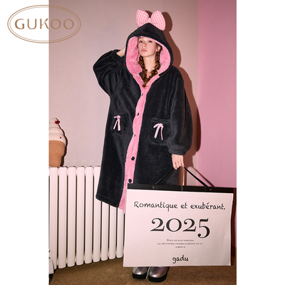 Gukoo/果壳睡衣女冬款连帽冬款睡袍情侣可外穿家居服