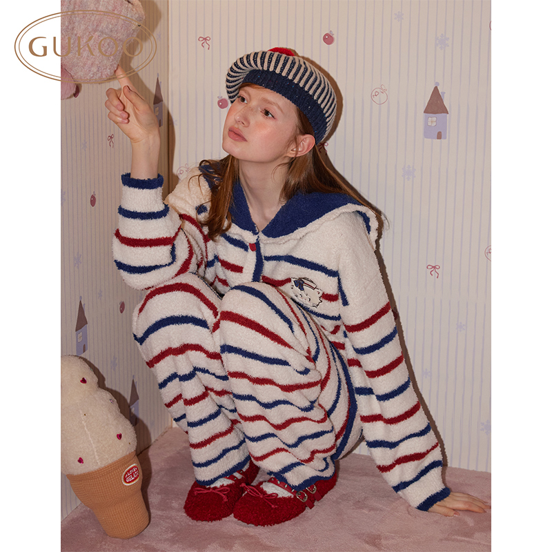 Gukoo/果壳睡衣女冬款海军风条纹mikko联名家居服套装
