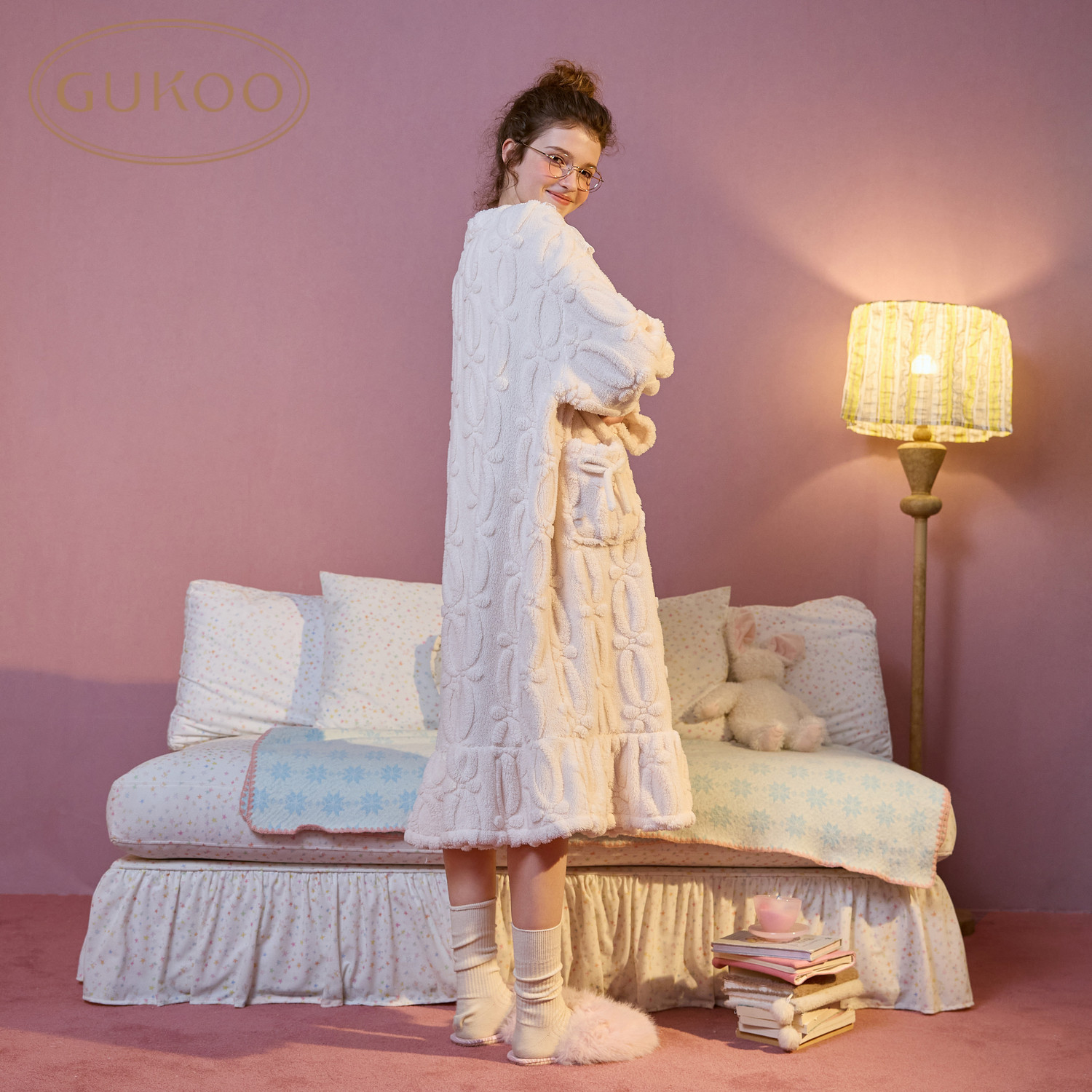 Gukoo/果壳睡裙女冬季新品立体提花绒加厚保暖蕾丝花边外穿家居服