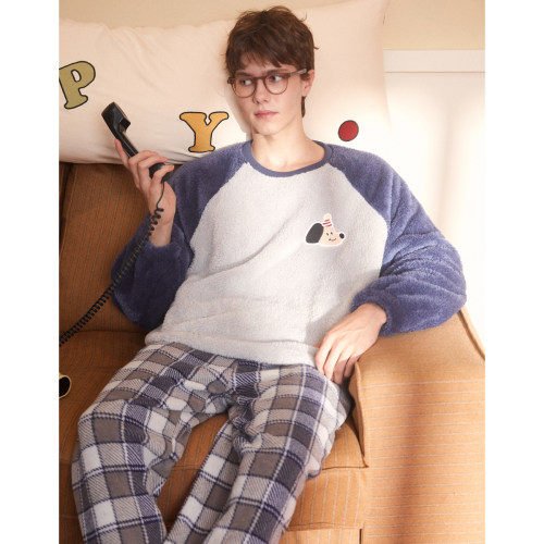 Gukoo/果壳睡衣男冬款轰轰小狗珊瑚绒简约保暖可外穿家居服套装