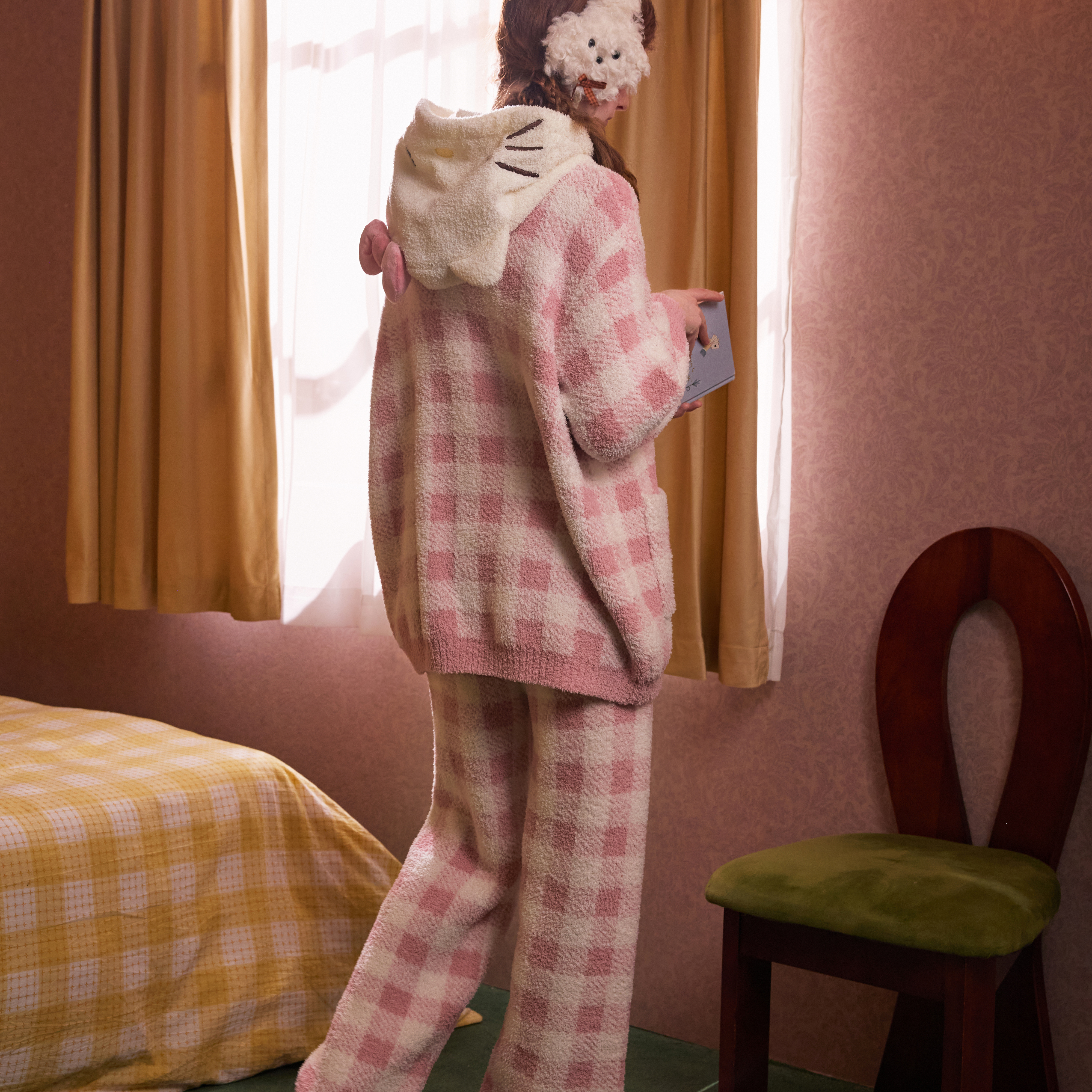 Gukoo/果壳睡衣女冬款mikko联名可爱卡通雪尼尔连帽家居服套装