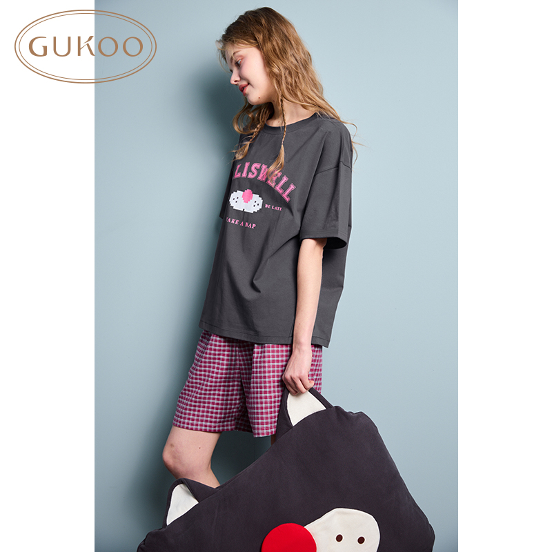 Gukoo/果壳睡衣女夏款酷猫系列短袖家居服套装