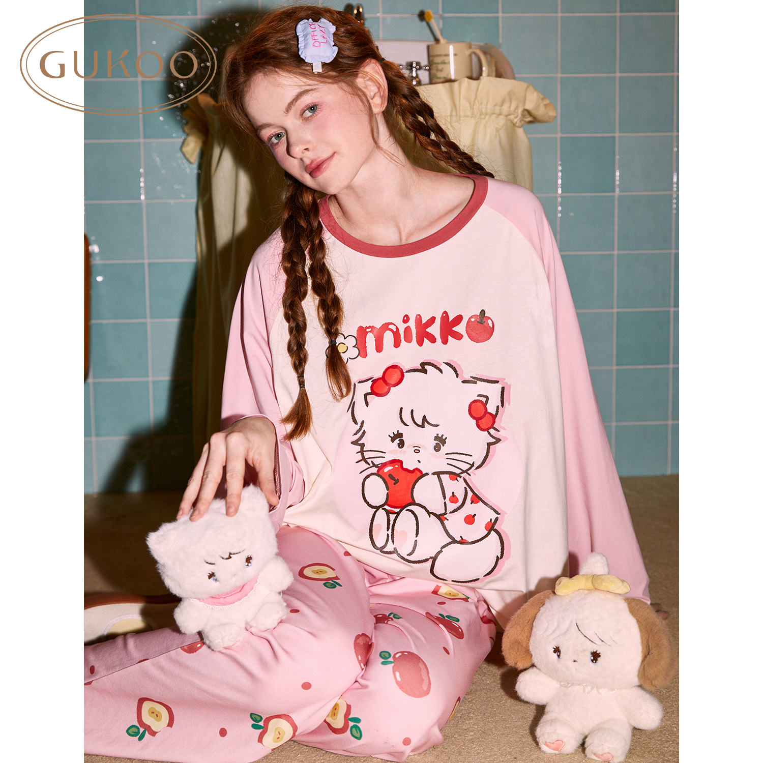 Gukoo/果壳睡衣女春秋款纯棉mikko系列满印甜美长袖家居服套装
