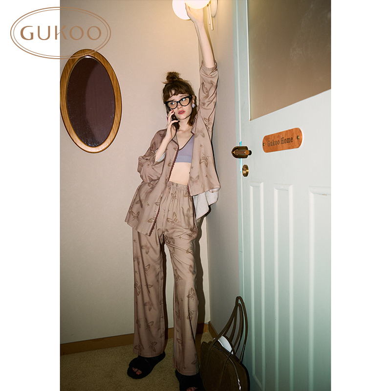 Gukoo/果壳睡衣女冬款国风蝴蝶满印可外穿家居服套装
