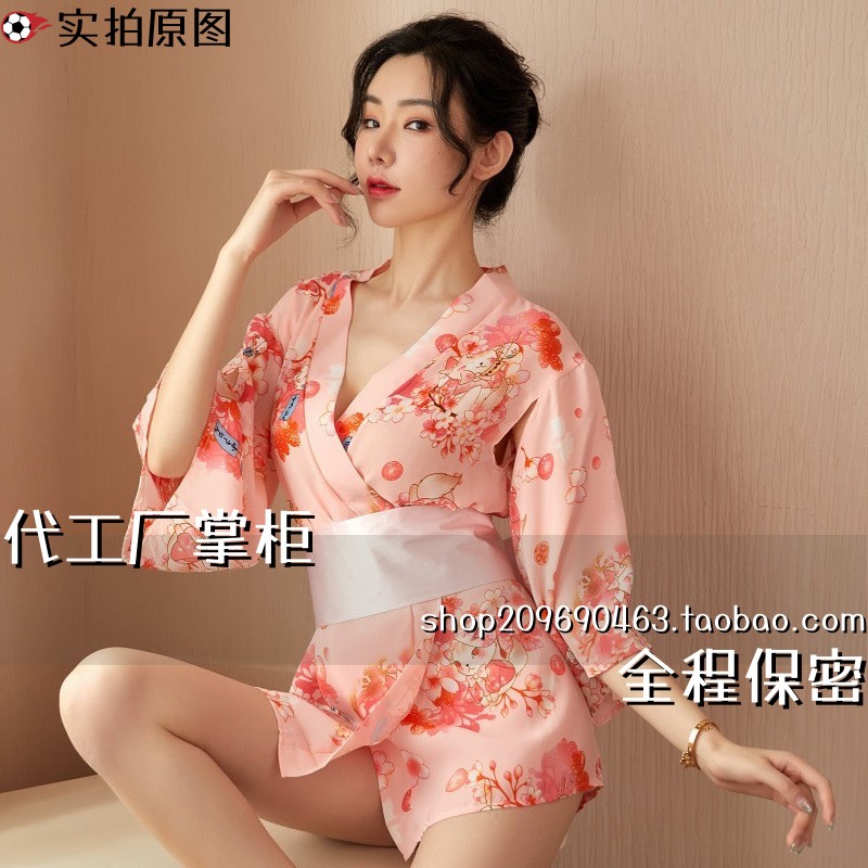 趣味大码连衣裙内衣复古印花开襟服镂空衣袖束腰制服日式浴袍