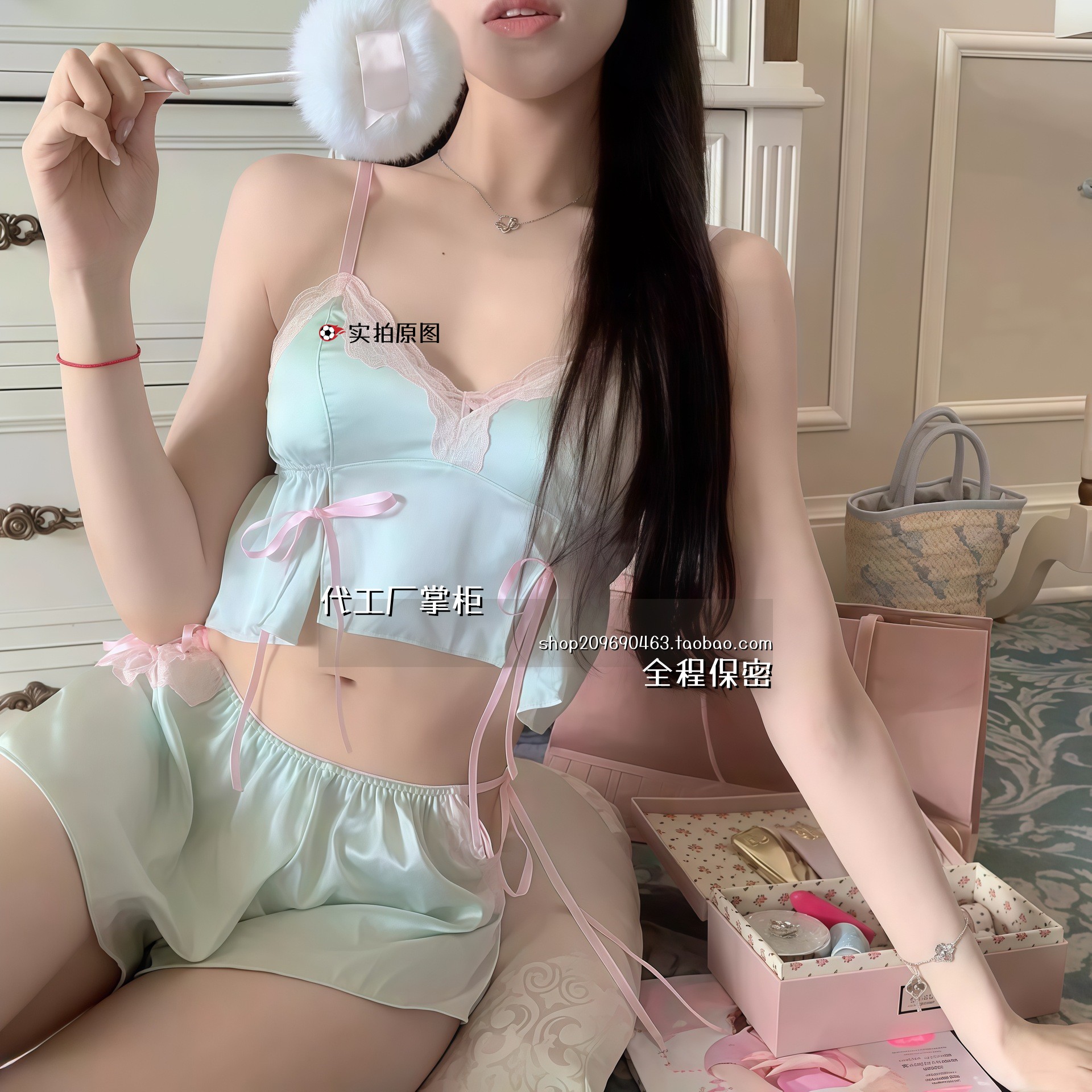 女友趣味制服大码少女日系私房吊带短裤纯甜美蝴蝶结家居服带胸垫