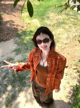 美式复古橙色格子衬衫开衫上衣女春夏季新款休闲宽松外搭衬衣外套