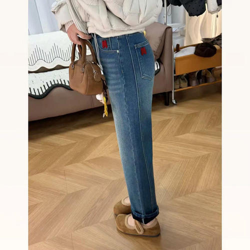 复古加绒直筒牛仔裤大码