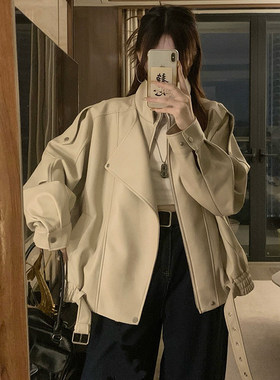 皮衣外套女2026春秋季新款美式酷飒风宽松百搭翻领PU机车服夹克女