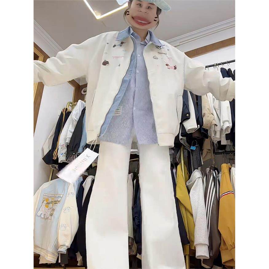 美式覆古可爱狗狗刺绣假两件开衫外套女春秋季宽松休闲棒球服夹克