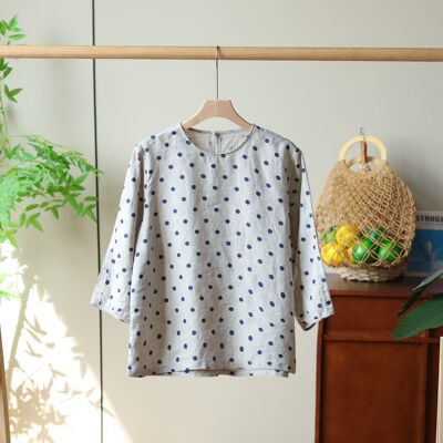 夏季女士汉麻波点圆领五分袖简约宽松百搭上衣S2650