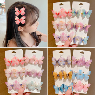 3对超仙薄纱蝴蝶发夹儿童刘海碎发夹子头饰女童侧边发卡宝宝头饰