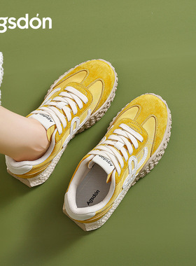 奥古狮登黄色德训鞋女2025新款秋季复古芭蕾风厚底阿甘运动休闲鞋
