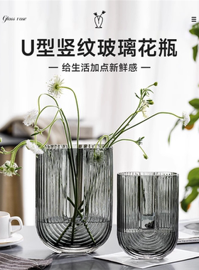 创意北欧简约玻璃花瓶U型网红原色几何客厅干花鲜花插花装饰摆件