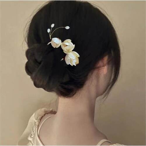玉兰花朵u型发簪缠头饰新