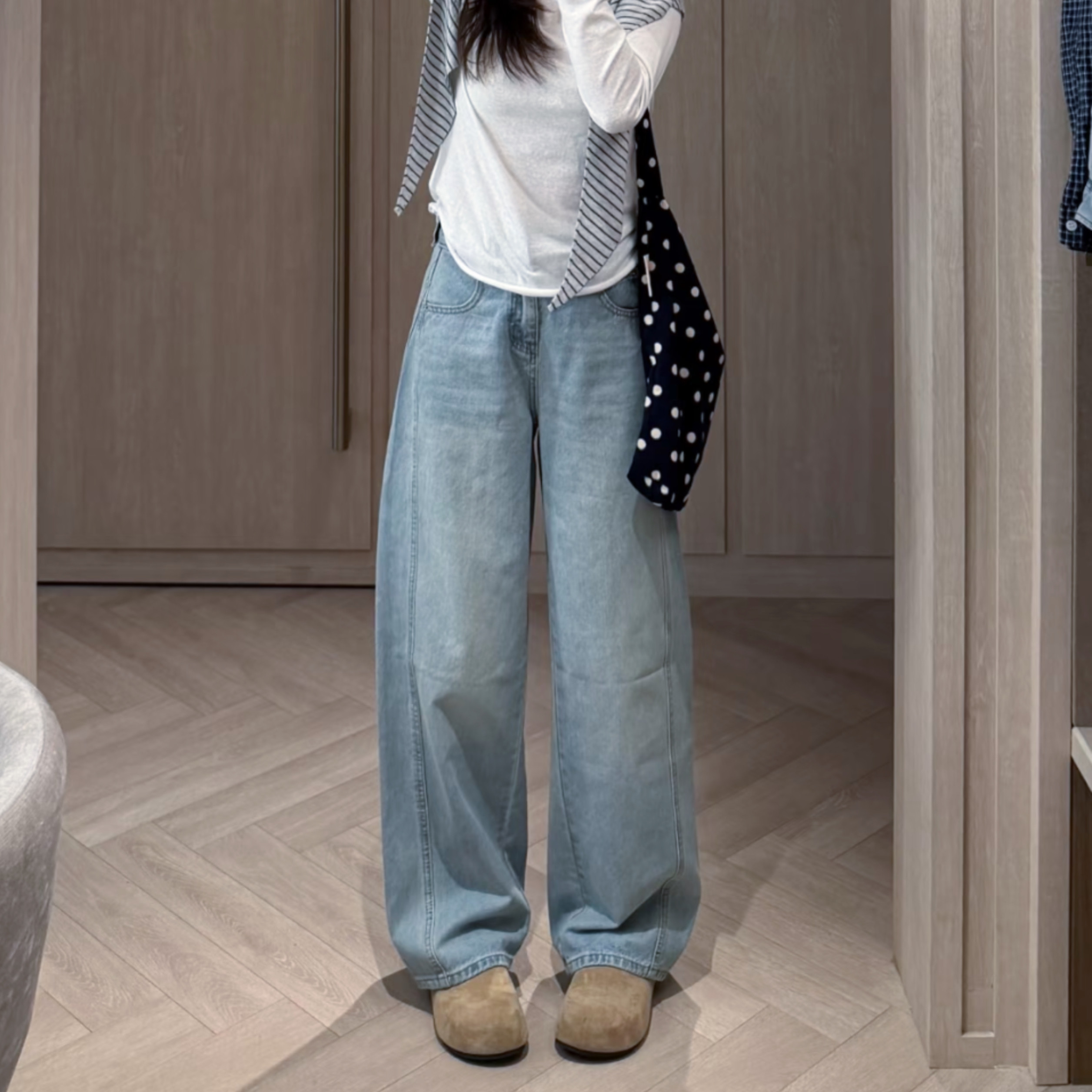 美式复古水洗阔腿牛仔裤女2026年新款宽松显瘦高腰直筒裤弯刀裤子