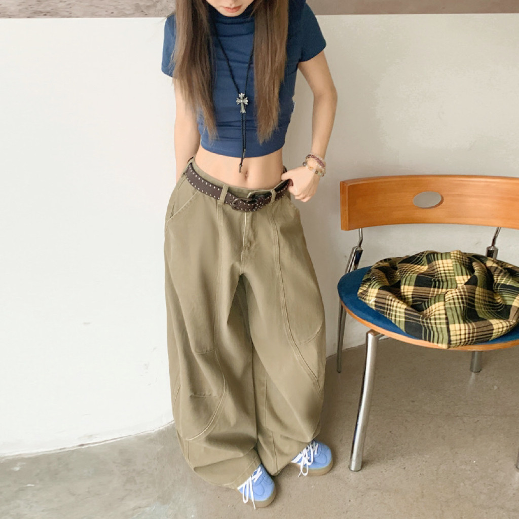 卡其色裤子女弯刀牛仔裤女阔腿裤