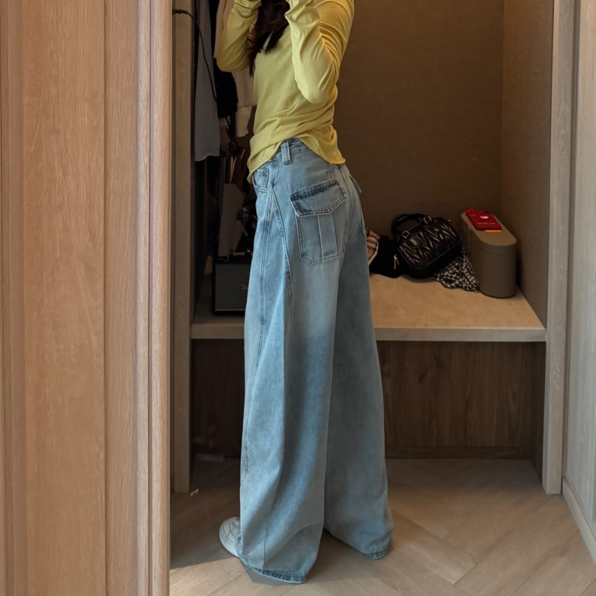 美式复古多口袋牛仔工装裤女小个子水洗高腰直筒街头浅蓝色阔腿裤