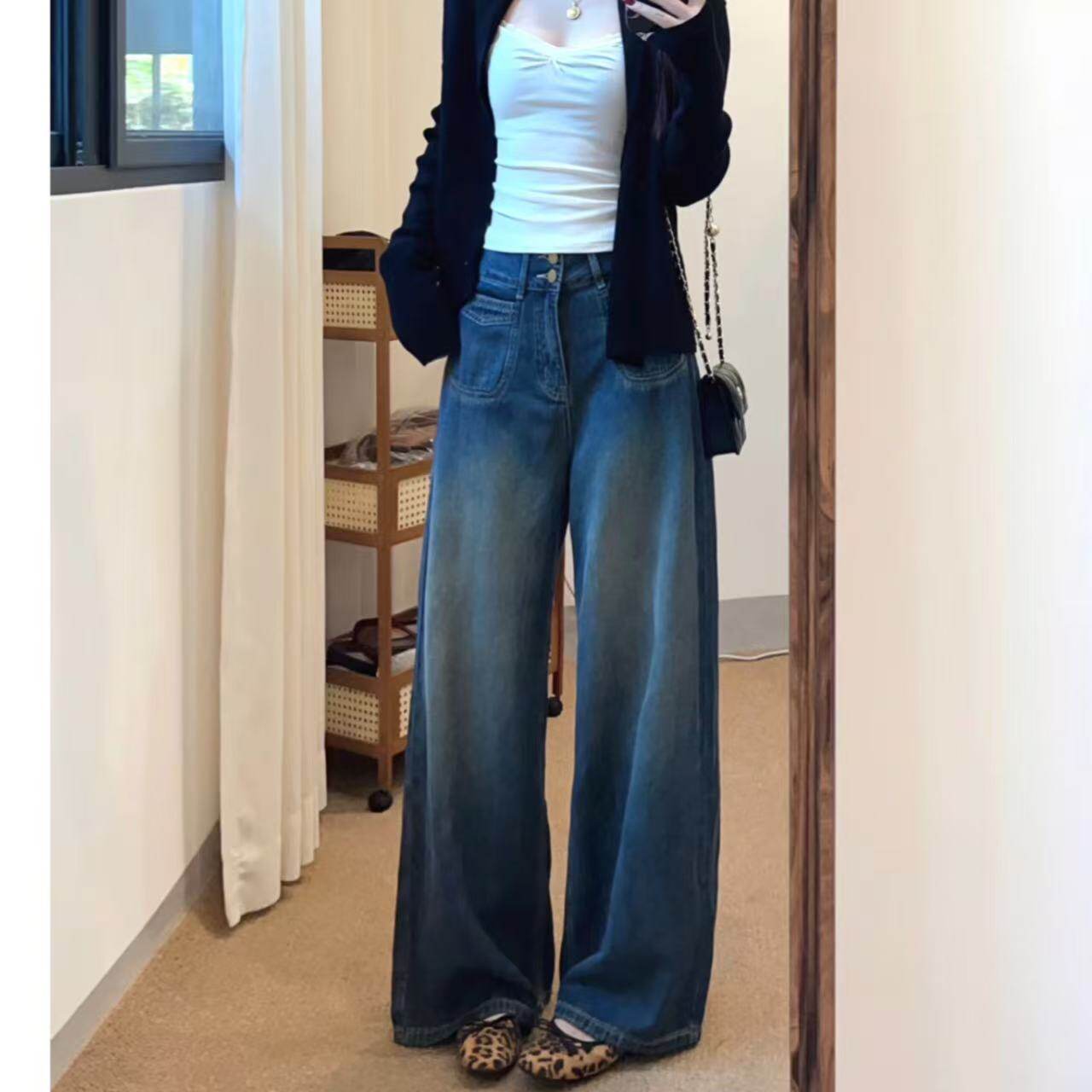 美式复古蓝大阔腿牛仔裤女2026年新款百搭宽松显瘦高腰直筒拖地裤