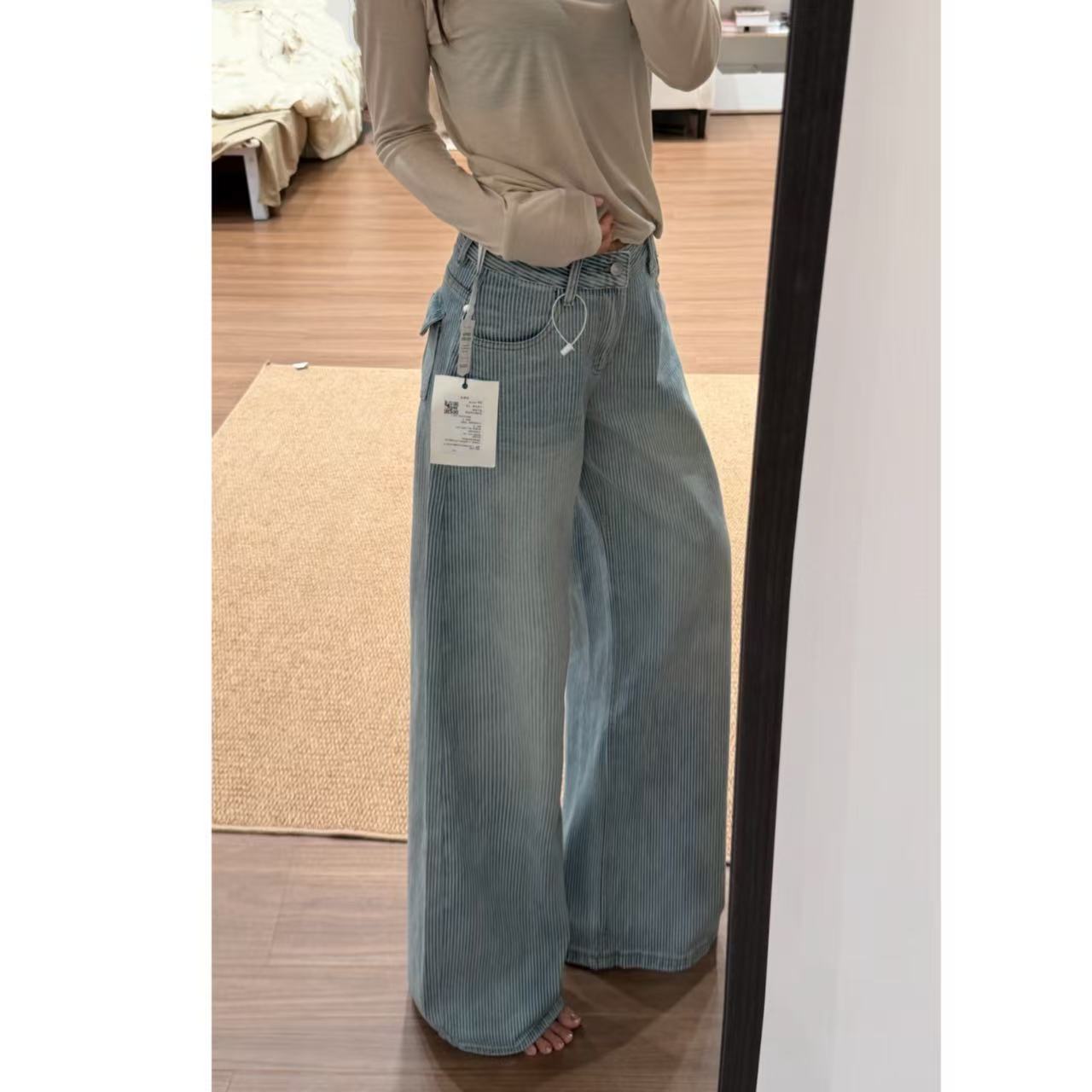 复古高腰阔腿显瘦条纹牛仔裤女