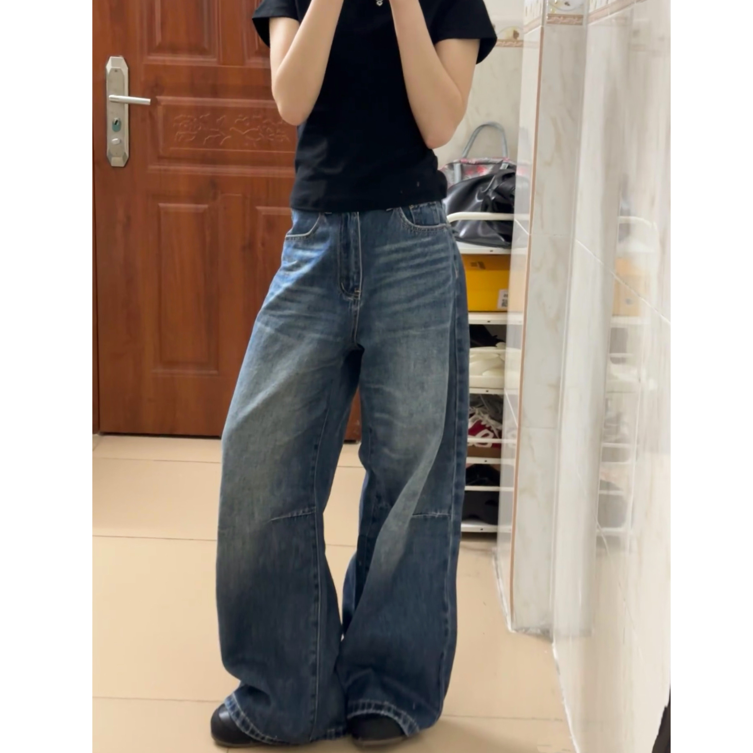 美式复古做旧低腰牛仔裤女2026年新款宽松显瘦百搭直筒拖地阔腿裤