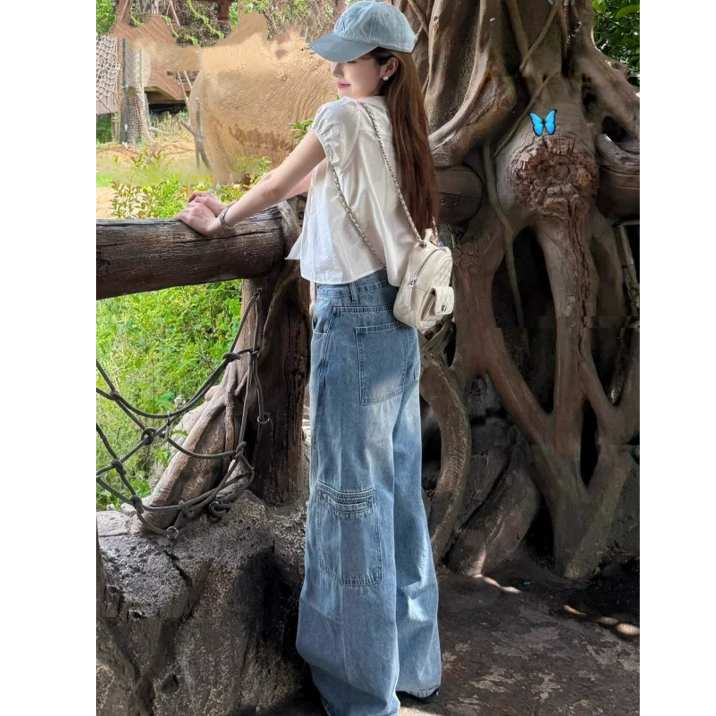 美式复古浅色工装牛仔裤女新款高腰宽松显瘦垂感直筒阔腿裤拖地裤