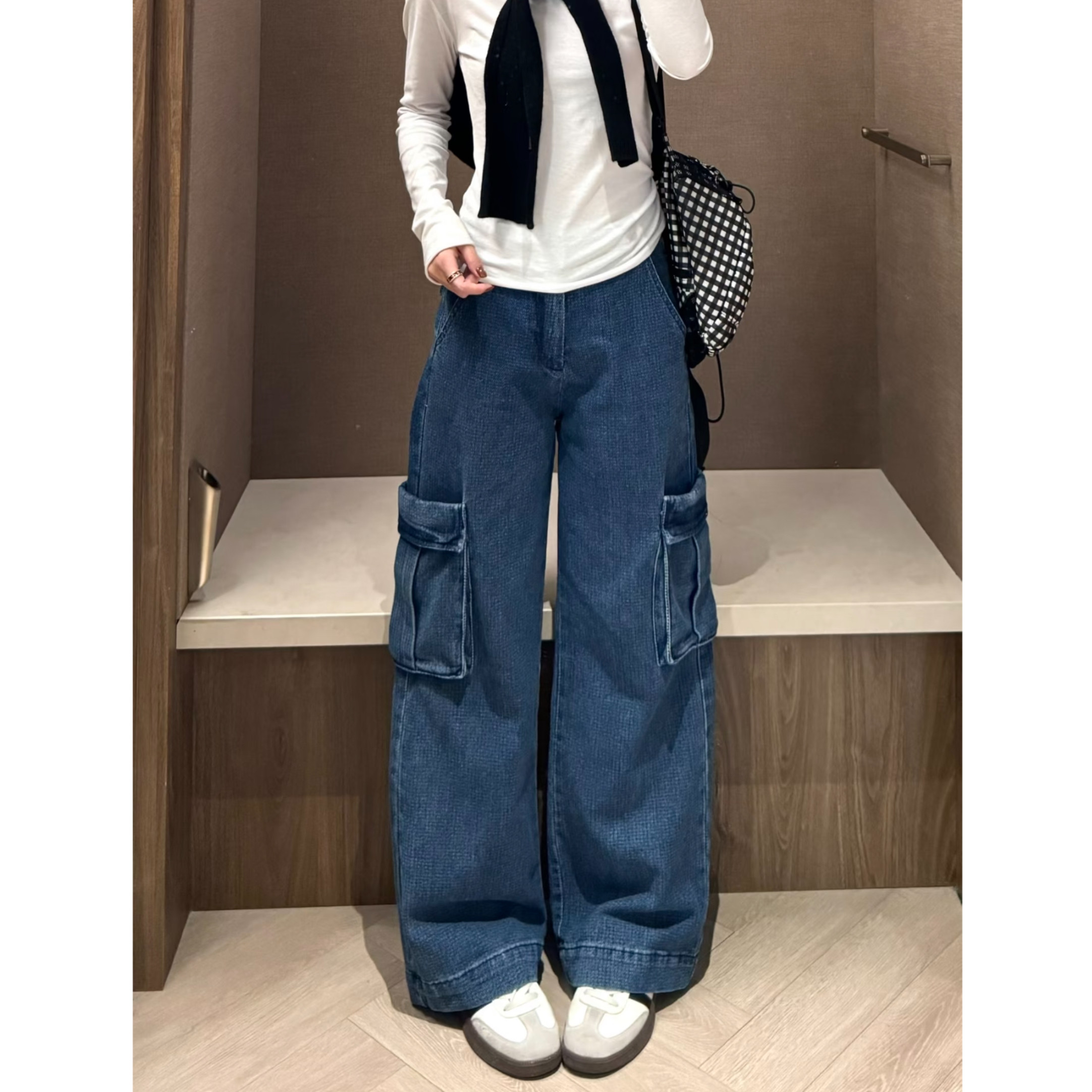 美式复古高腰阔腿显瘦牛仔裤女