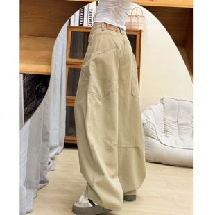 美式复古弯刀阔腿牛仔裤女2025年新款高腰宽松显瘦直筒卡其色裤子